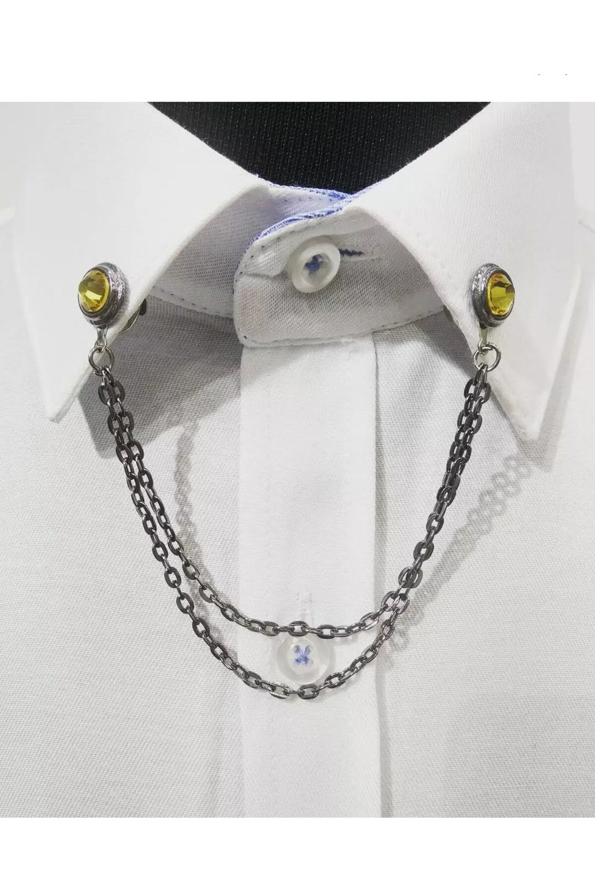 Sarı Taşlı Zincirli Gömlek Yaka Iğnesi