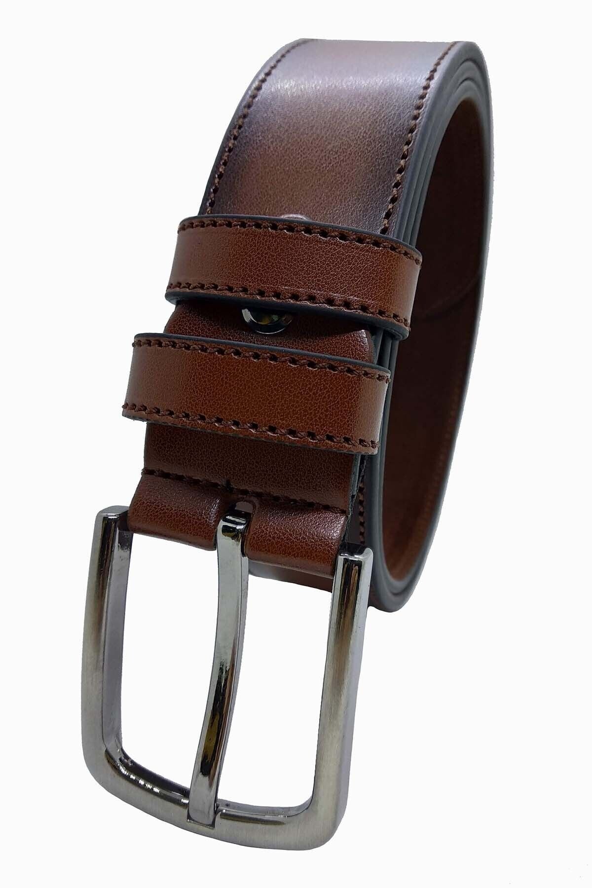 Erkek Deri Kemer Kahverengi Dikişli 4 Cm Taba - 110 Cm
