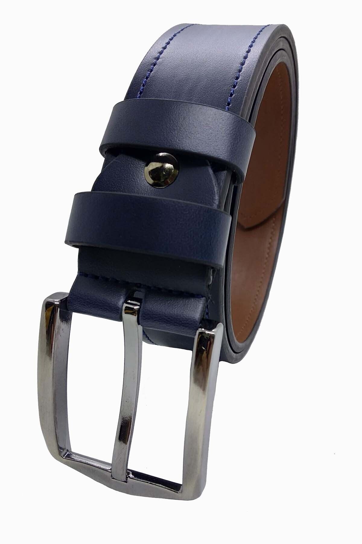 Erkek Deri Kemer Kahverengi Dikişli 4 Cm Lacivert - 130 Cm