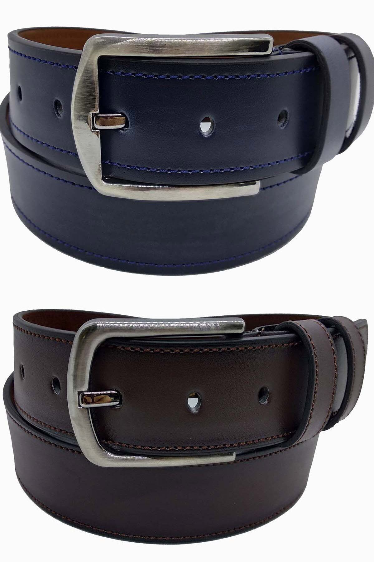 Erkek Deri Kemer 2'li Taba Lacivert Dikişli 4 Cm Kahverengi Lacivert - 120 Cm