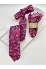 Bordo Şal Desenli Mendilli Slim Kravat Kırmızı