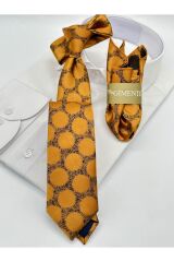 Gold Puantiyeli Mendilli Slim Kravat Gold