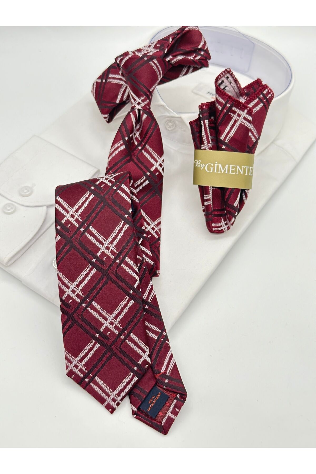 Gold Puantiyeli Mendilli Slim Kravat Bordo