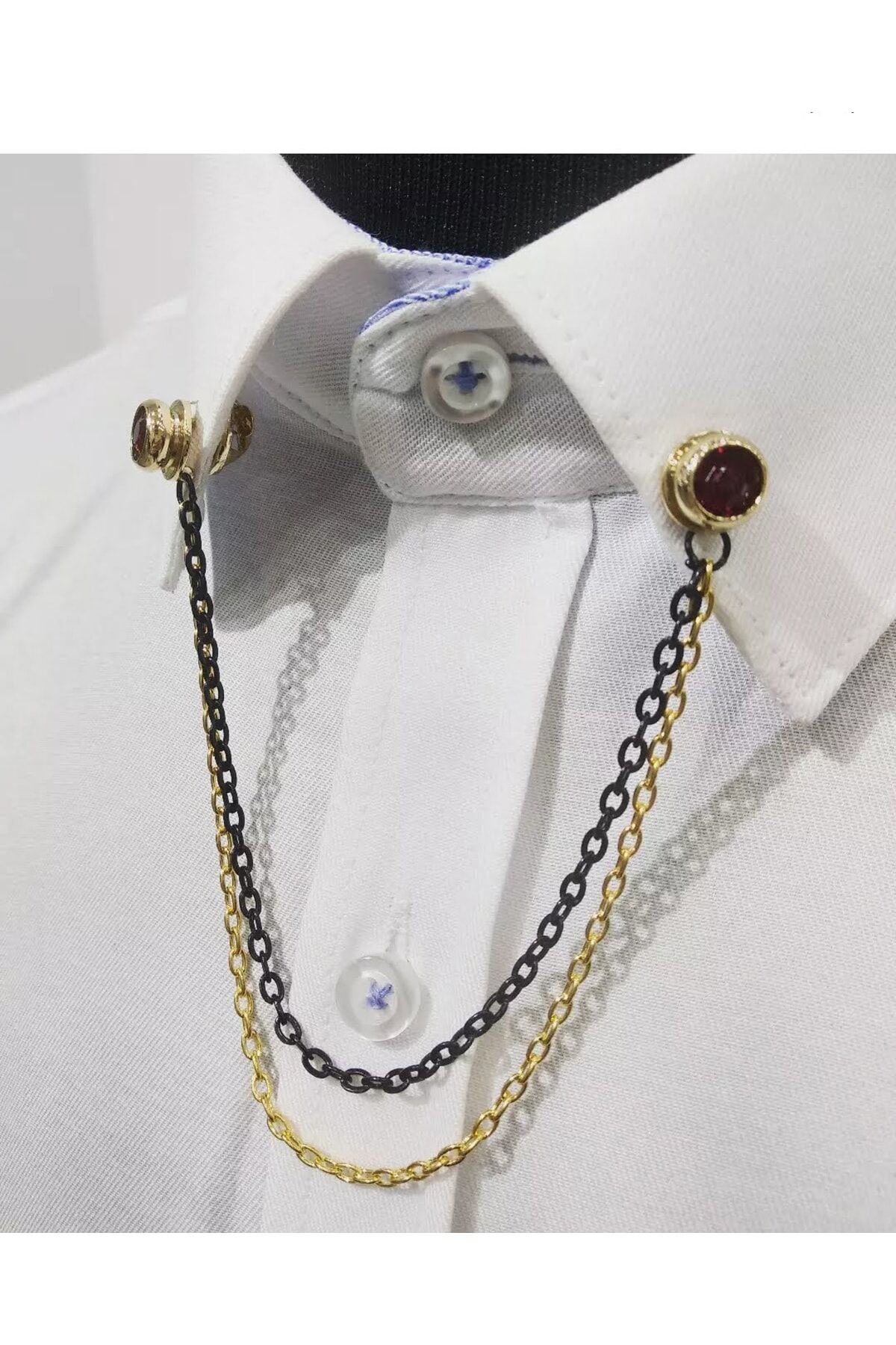 Bordo Taşlı Gold Zincirli Gömlek Yaka Iğnesi Bordo Gold